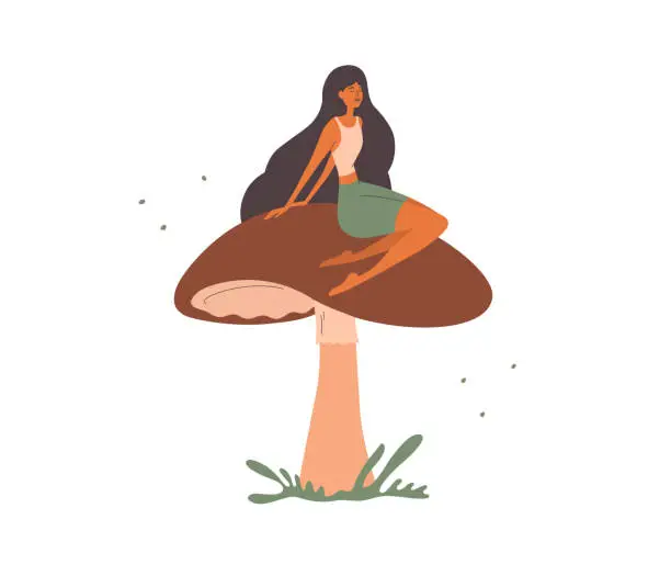 Vector illustration of Isolated vector illustration of young woman sitting on mushroom cap