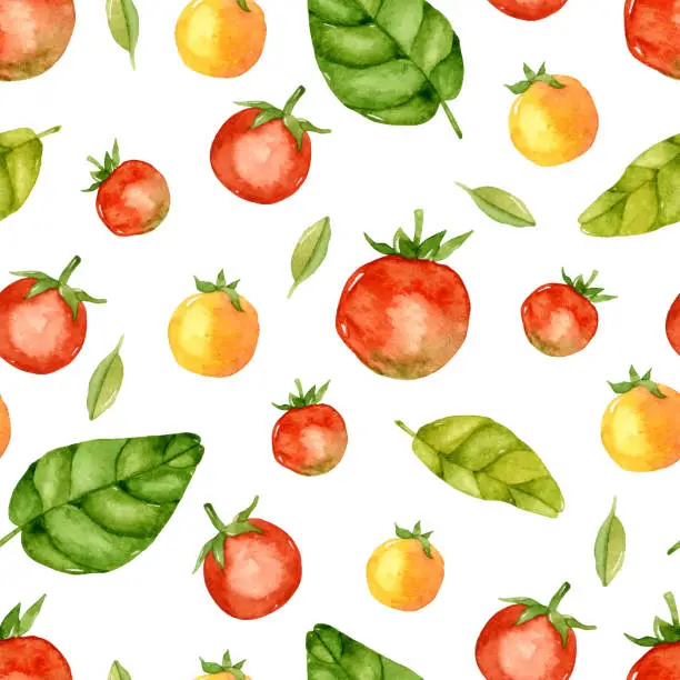 Vector illustration of Tomato and basil watercolor seamless pattern