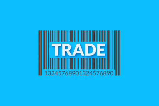Word trade and barcode. Business concept. Commercial activity. International export, import. Top view. 3d render