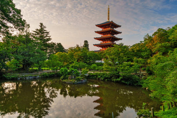 Amanohashidate, Japan - July 10, 2023: Nariai Temple in the morning. The historic temple is part of the Saigoku Pilgrimage.