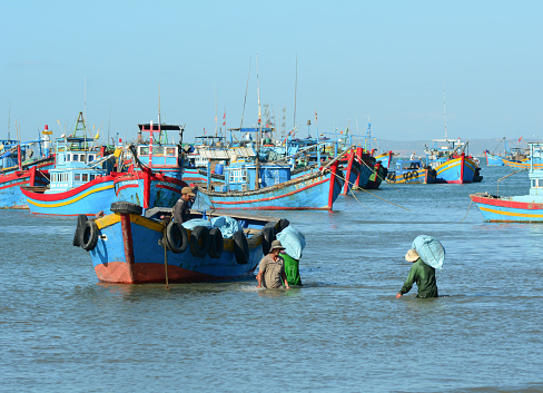 Binh Thuan, Vietnam - Jan 28, 2016. People working at Co Thach fishing pier in Binh Thuan, Vietnam. With more than 3400 km of ocean coastline, Vietnam has many fishing villages.