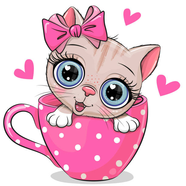 ilustraciones, imágenes clip art, dibujos animados e iconos de stock de gatito con un lazo está sentado en una taza de café - 6646