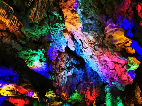 Karst Cave with colorful lights Guilin Guangxi