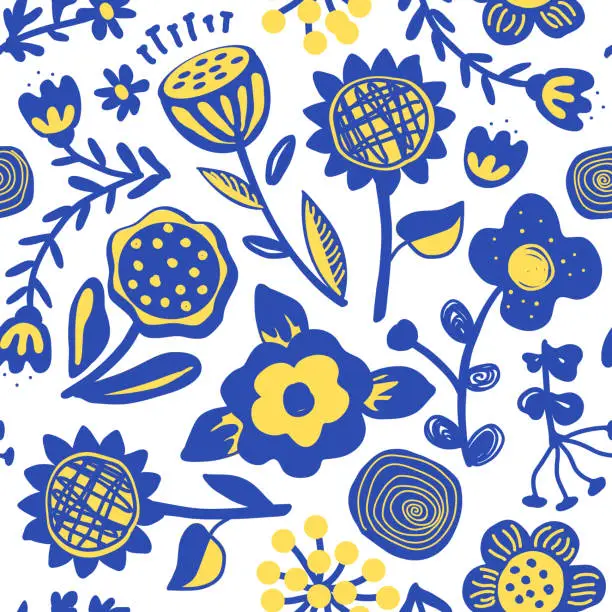Vector illustration of Aesthetic retro flowers in Scandinavian style seamless pattern. Decorative Naive boho background in minimalist style for fabric, wallpaper or wrapping, yellow and blue