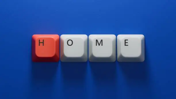 Home.Computer keyboard keys spelling.Flat lay view from above on blue background with computer keyboard keys buttons.IT technology concept.3D rendering on blue background.