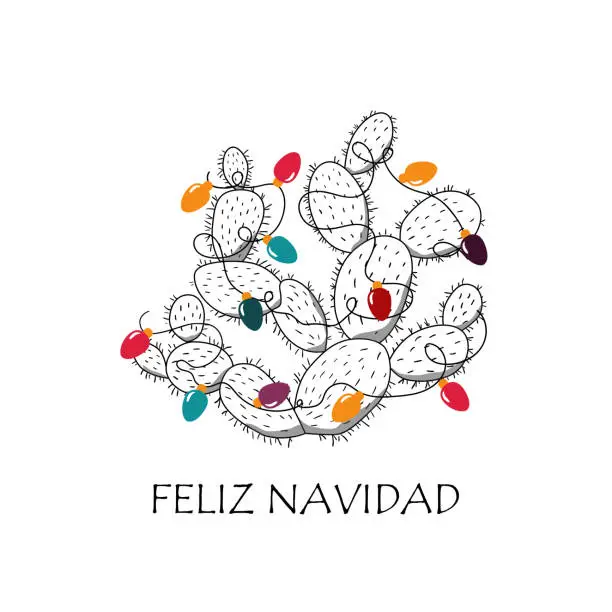 Vector illustration of Christmas cactus decorated lights illustration for tropical Christmas decor. Text in Spanish Feliz Navidad means Merry Christmas