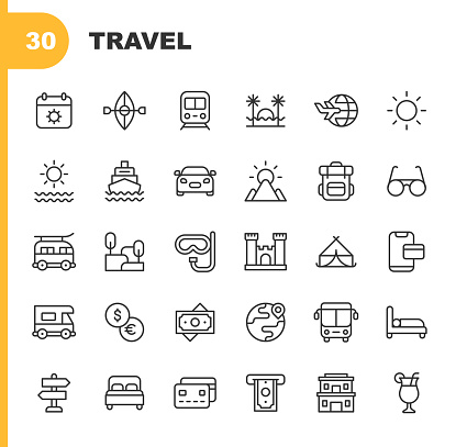 30 Travel Outline Icons. Airplane, Airport, ATM, Backpack, Balloon, Bar, Beach, Bus, Calendar, Camera, Camping, Car, Castle, Compass, Covid-19 Passport, Credit Card, Currency, Direction, Dollar Bill, Drink, Exchange, Finance, Flight, Food, Glasses, Globe, Hiking, Hotel, Island, Journey, Kayak, Landmark, Landscape, Location, Luggage, Map, Motorhome, Mountain, Navigation, Nightlife, Outdoors, Palm Tree, Party, Passport, Payments, Photo, Photography, Restaurant, Sailing, Sleep, Social Media, Summer, Sun, Sunset, Tent, Ticket, Tourism, Tourist, Train, Transport, Travel, Travel Ban, Umbrella, Wifi.