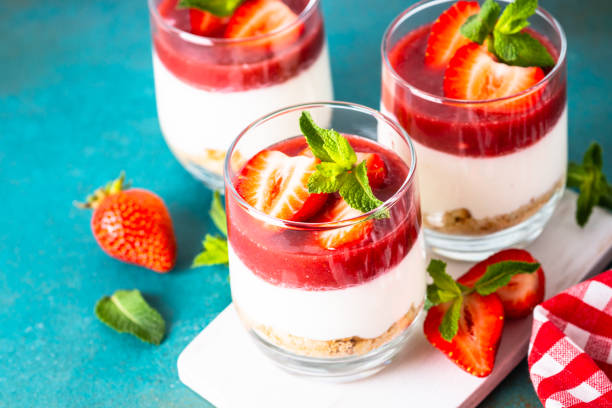 istock Strawberry cheesecake in glass, no baking dessert. 1633770074