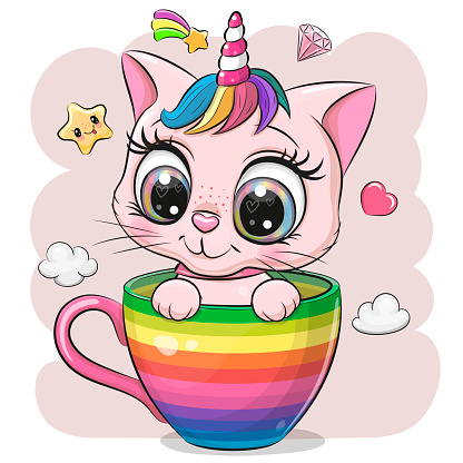 Cute Cartoon pink Kitten with the horn is sitting in a rainbow cup
