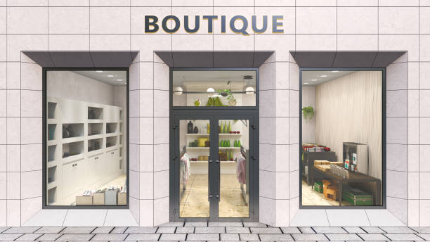 istock Modern store facade, finished with tiles, and large windows, with items inside, 3d illustration 1633776300