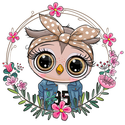 Cute Cartoon Owl with a floral wreath