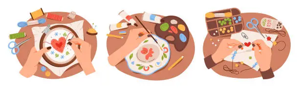 Vector illustration of Сraft handmade hobbies. Beading, embroidery, painting of clay products. Human hands doing various craft activities. Flat vector illustration.