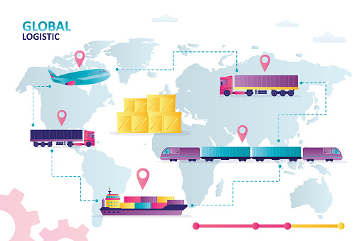 Shipping, logistic supply chain, infographic. Export, import concept background with global earth map, pointers and connections. Shipping and service worldwide, world map of delivery. flat vector