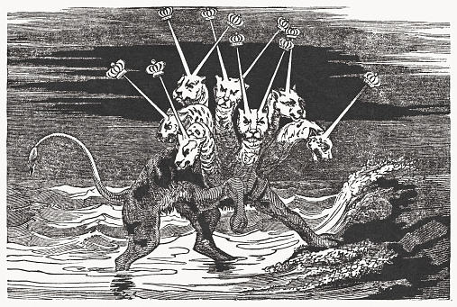 The beast with seven heads and ten horns (Book of Revelation 13). Wood engraving, published in 1837.