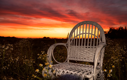 A white wicker chair in a field of flowers at dusk in the evening after sunset and a dramatic red sky.
