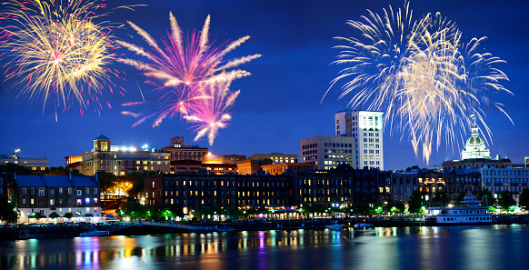New year fireworks over Savannah - Georgia, USA.