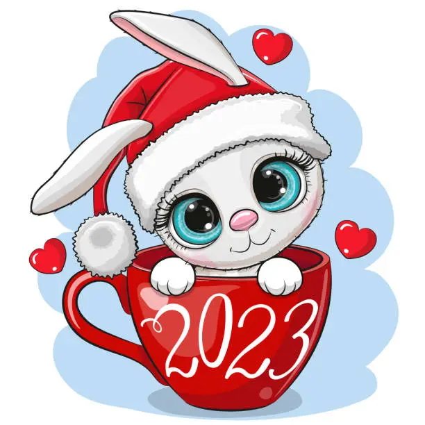 Vector illustration of Cartoon White Rabbit in a Santa hat is sitting in a Cup