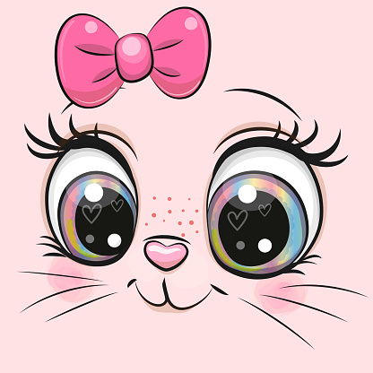 The face of a cute cartoon kitten on a pink background