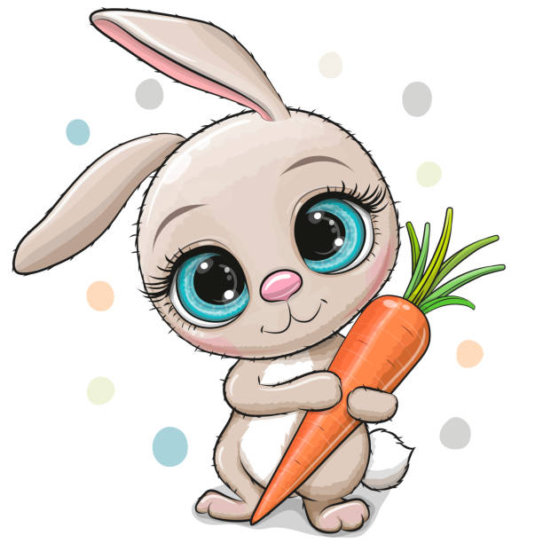 мультяшный кролик с морковью на белом фоне - carrot baby carrot food backgrounds stock illustrations