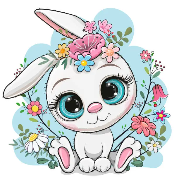 Vector illustration of Cartoon White Rabbit with flowers and branches