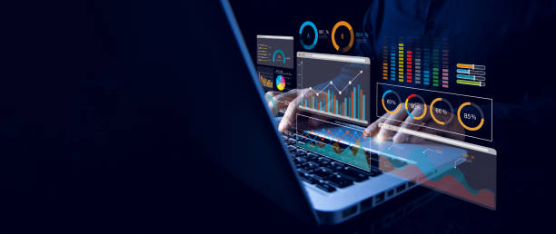 Analyst working with computer in Business Analytics and Data Management System with KPI and metrics connected to the database for technology finance, operations, sales, marketing. Data analysis.Ai Analyst working with computer in Business Analytics and Data Management System with KPI and metrics connected to the database for technology finance, operations, sales, marketing. Data analysis.Ai Cyber Security Measures stock pictures, royalty-free photos & images