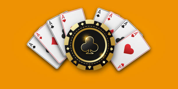 Realistic playing chip with the suit of clubs, gambling tokens. Fans of playing cards ace of all suits. The concept of playing poker or casino. Vector illustration on a orange bg.