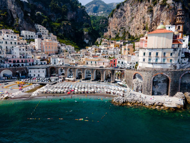 vista da atrani sulla costiera amalfitana, italia con il drone - high angle view famous place roman roman forum foto e immagini stock