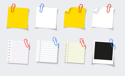 Note papers and sticky notes with paper clips. Blank sheet, sticky note of paper and notebook page. Templates for a note message