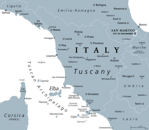 illustrazioni stock, clip art, cartoni animati e icone di tendenza di toscana, regione in italia, con arcipelago toscano, mappa politica grigia - arezzo