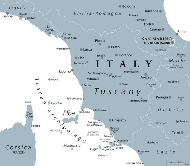 Tuscany, region in Italy, with Tuscan Archipelago, gray political map Tuscany, region in central Italy, gray political map with popular tourist spots like Florence, Castiglione della Pescaia, Pisa, Lucca, Grosseto and Siena. The Tuscan Archipelago is part of the region. spezia stock illustrations