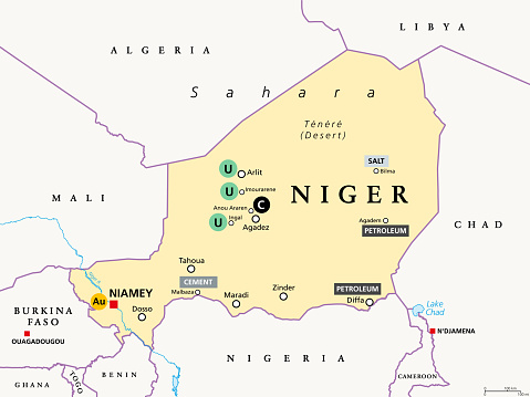 Niger, oil and mining industry. Country in West Africa, and 4th largest producer of uranium (U), with 5 percent of world output. Niger also produces Gold (Au), coal (C), cement, petroleum, salt, etc.