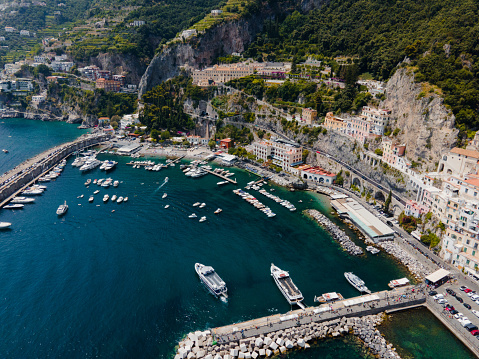 Aerial view of Port de Fontvieille - Monte Carlo in Monaco where, in addition to the Grande Casino, you see Yachts, Condominiums, Hotels, Mountains and Money which are all the symbols of this famous City.