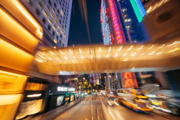 Abstract motion-blurred view from a moving tram Hongkong