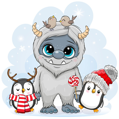Cute Cartoon Yeti with two penguins on the snow background