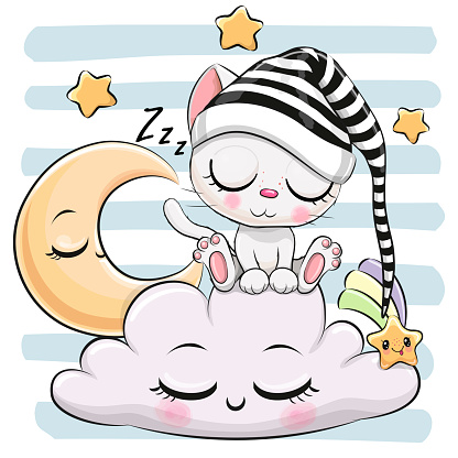 Cute Cartoon white kitten is sleeping a on the Cloud