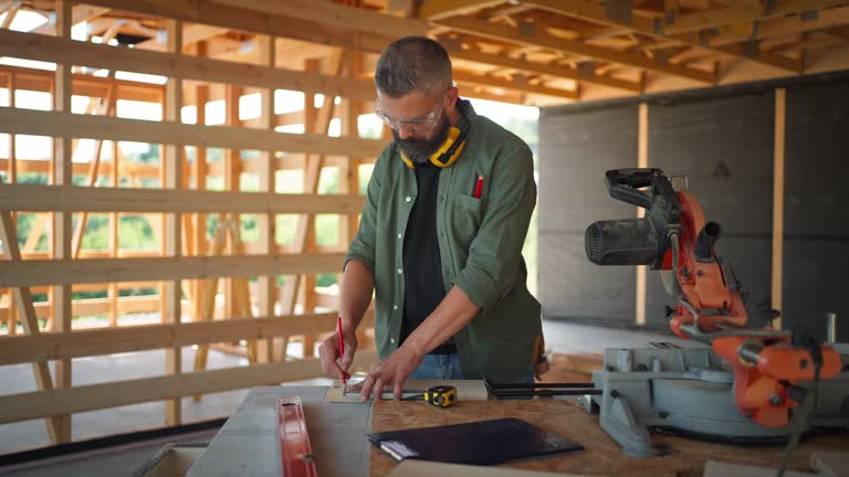 Man working on buidling site of wooden eco house.