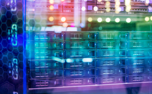Panel modern servers in the data center vertical stock photo