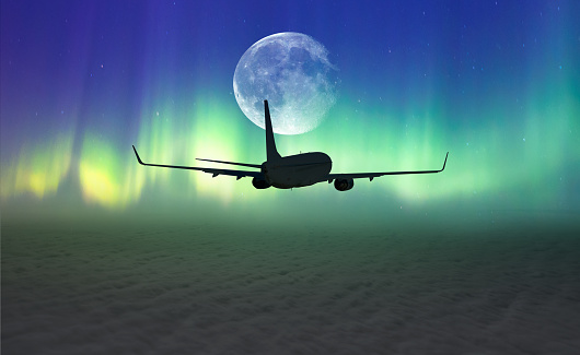 Moon:https://www.nasa.gov/sites/default/files/thumbnails/image/moon.4195_0.jpg\n\nPassenger airplane in the sky against blue full moon and aurora borealis \