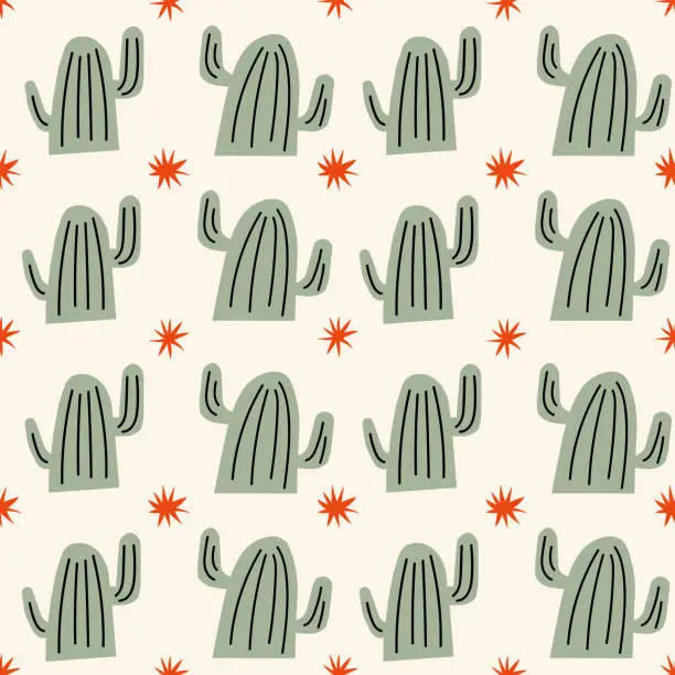Vector illustration of Seamless pattern in wild west style. Background with cactus and star. Boho.