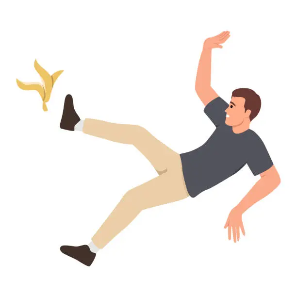 Vector illustration of Man slipped on banana peel. Funny people. Illustration concept template for website.