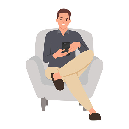 Man sitting on armchair and watching video on smartphone. Flat vector illustration isolated on white background