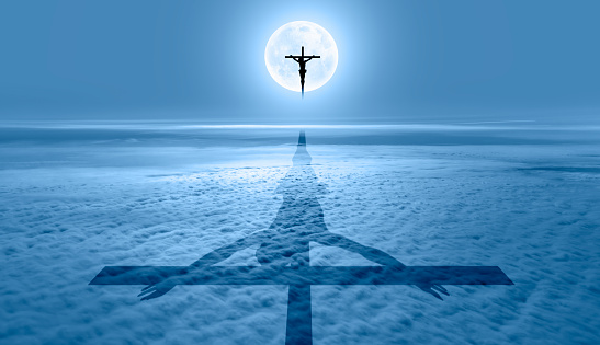Moon: https://www.nasa.gov/sites/default/files/thumbnails/image/moon.4195_0.jpg

Jesus on the cross over the clouds with full moon, jesus shadow on the clouds 