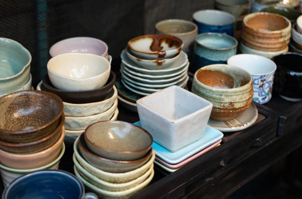 The ceramic crockery in the retail shop stock photo