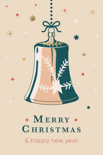 Vector illustration of Merry Christmas greeting card with vintage Christmas bell decoration.