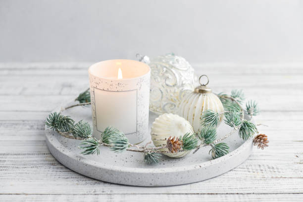 istock Tray with christmas decorations and candle 1634019154