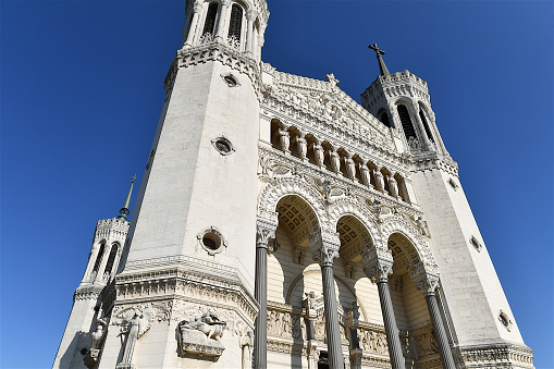 Lyon, France-07 17 2023:Facade of the Notre-Dame de Fourvière Basilica, Lyon, France.