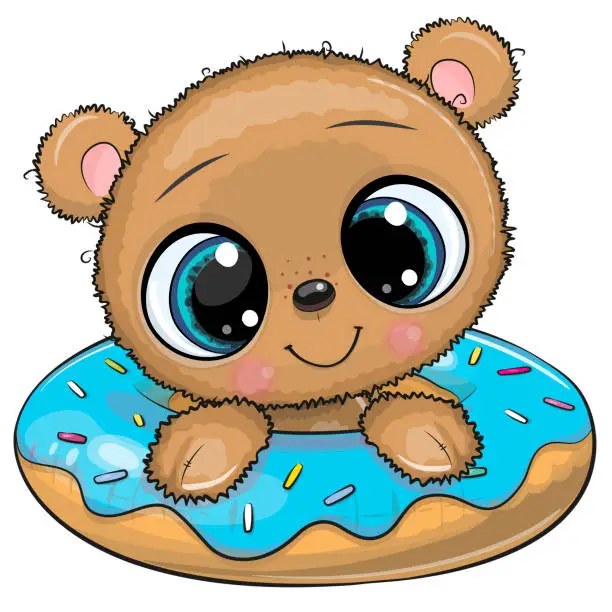 Vector illustration of Cartoon Teddy Bear swimming on pool ring donut
