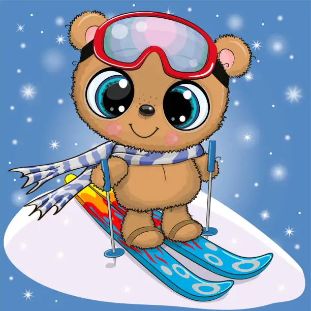 Vector illustration of Сartoon Bear with skis on a blue background