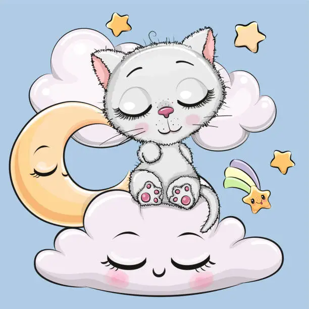 Vector illustration of Cartoon White Kitty is sleeping a on the Cloud