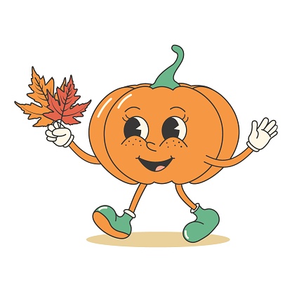 Retro groovy cute pumpkin character with autumn colorful maple leaves. Retro mascot sticker. Autumn fall garden concept.